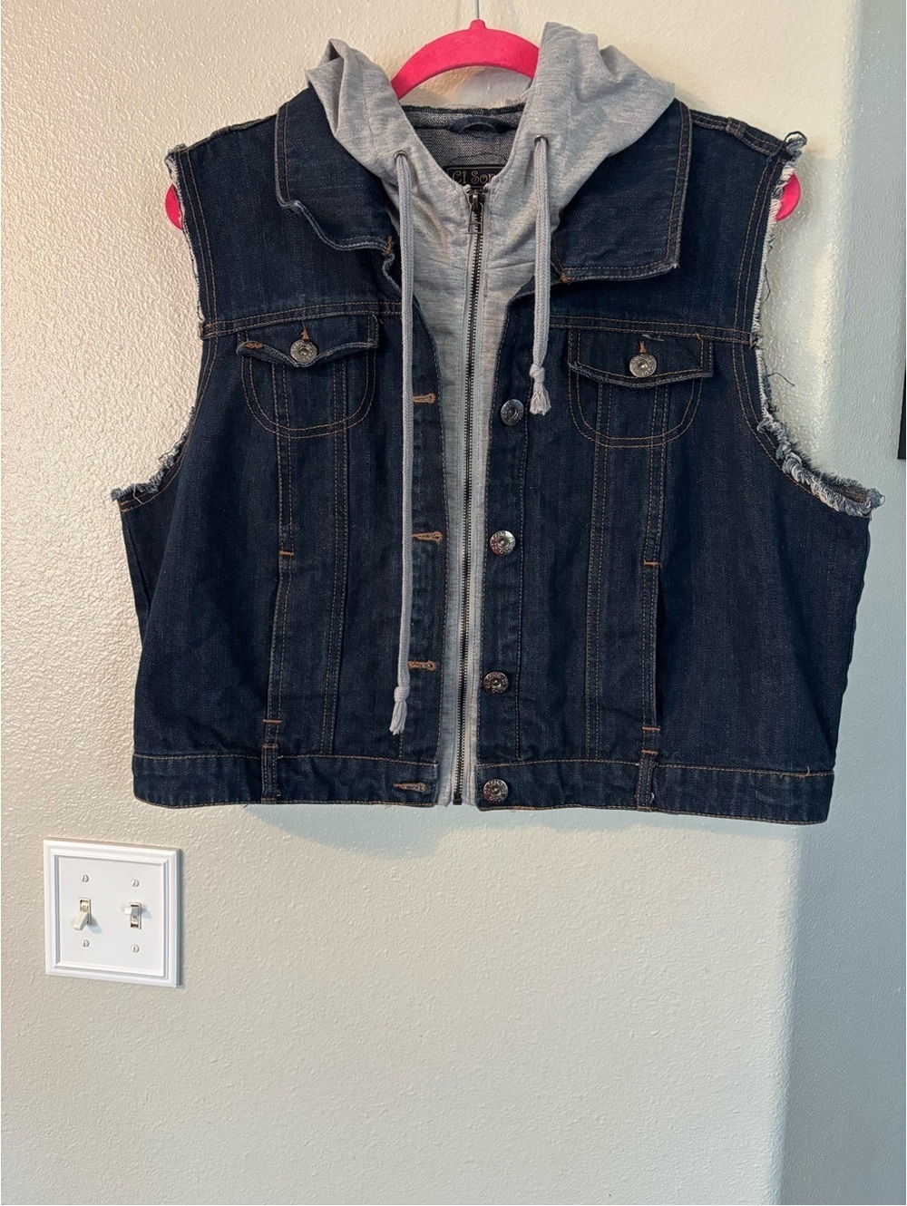 Ci Sono Distressed Denim Vest with Gray Hood Plus Size 3X